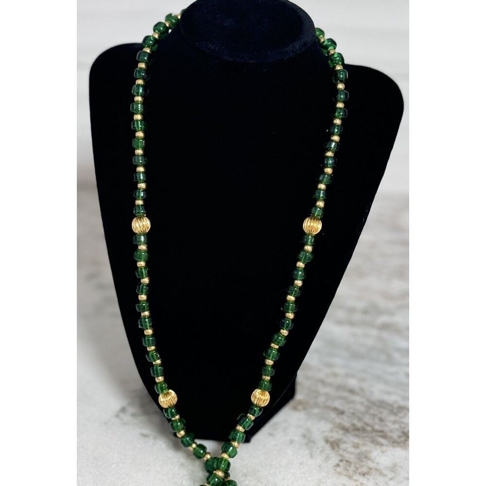 Vintage Green Glass Beaded Necklace Malachite Bead 32in Barrel Clasp - Picture 7 of 14